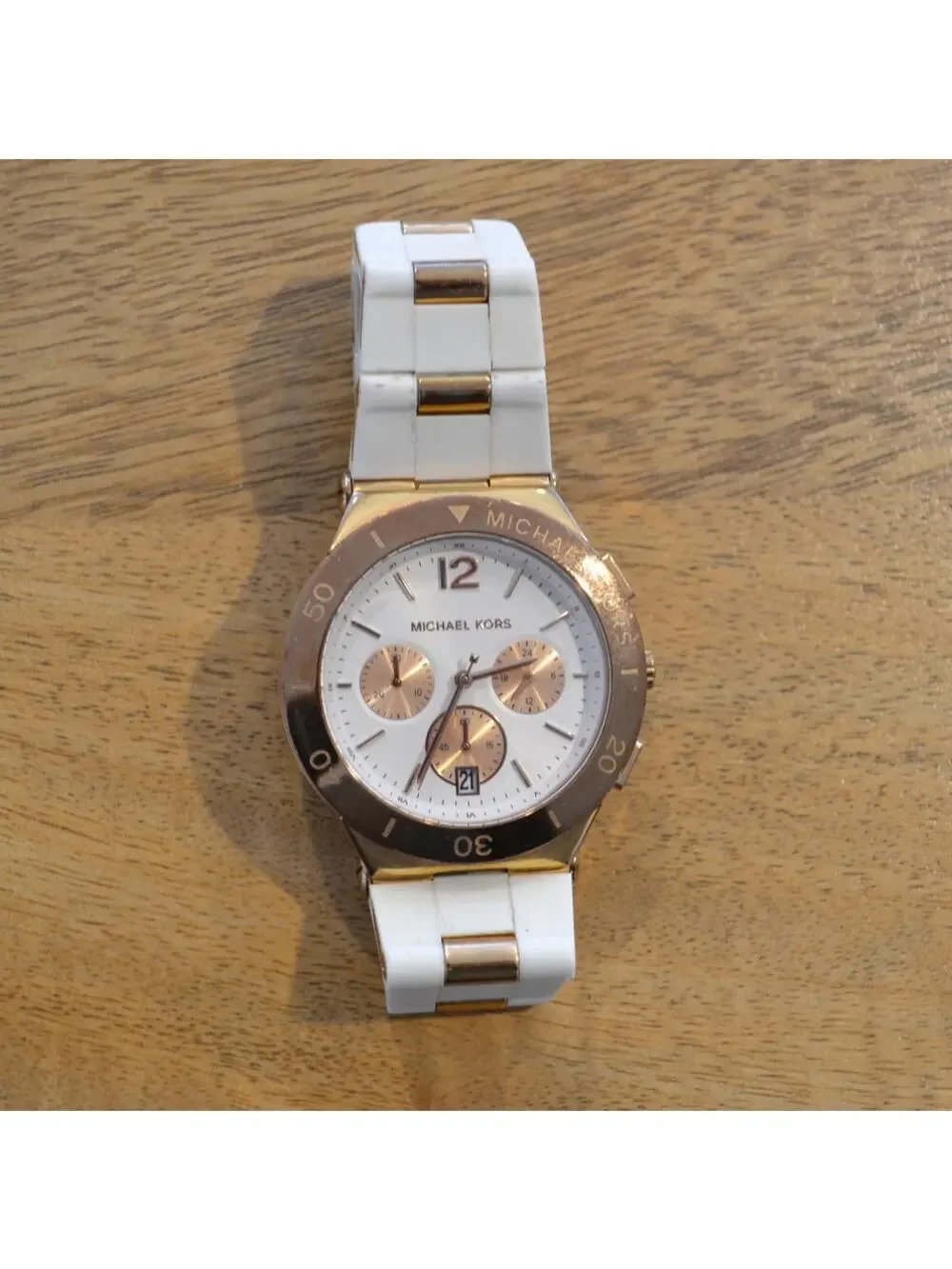 Michael Kors Wrist Watch Rose Gold White Chronograph Subdials